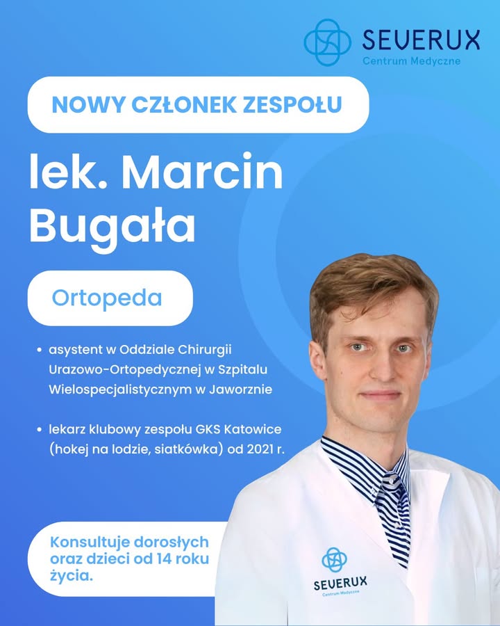 Marcin Bugała, specjalista ortopeda zajmujący się zarówno pacjentami dorosłymi, jak i młodzieżą od 14 roku życia, wzbogaca Zespół naszego Centrum 🤝
