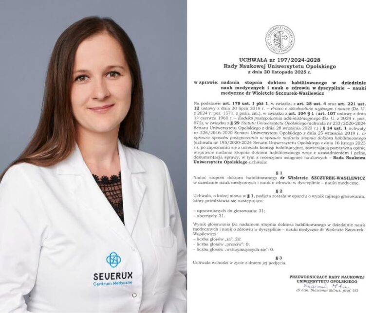 Z przyjemnością informujemy, że nasza specjalista kardiolog, 𝗱𝗿 𝗪𝗶𝗼𝗹𝗲𝘁𝘁𝗮 𝗦𝘇𝗰𝘇𝘂𝗿𝗲𝗸-𝗪𝗮𝘀𝗶𝗹𝗲𝘄𝗶𝗰𝘇, uzyskała 𝘀𝘁𝗼𝗽𝗶𝗲𝗻́ 𝗻𝗮𝘂𝗸𝗼𝘄𝘆 𝗱𝗼𝗸𝘁𝗼𝗿𝗮 𝗵𝗮𝗯𝗶𝗹𝗶𝘁𝗼𝘄𝗮𝗻𝗲𝗴𝗼 𝘄 𝗱𝘇𝗶𝗲𝗱𝘇𝗶𝗻𝗶𝗲 𝗻𝗮𝘂𝗸 𝗺𝗲𝗱𝘆𝗰𝘇𝗻𝘆𝗰𝗵 𝗶 𝗻𝗮𝘂𝗸 𝗼 𝘇𝗱𝗿𝗼𝘄𝗶𝘂, 𝘄 𝗱𝘆𝘀𝗰𝘆𝗽𝗹𝗶𝗻𝗶𝗲: 𝗻𝗮𝘂𝗸𝗶 𝗺𝗲𝗱𝘆𝗰𝘇𝗻𝗲.  Nadanie stopnia nastąpiło na mocy uchwały właściwego organu Uniwersytetu Opolskiego, stanowiącej formalne potwierdzenie wysokich kompetencji naukowych, dojrzałości badawczej oraz znaczącego dorobku w obszarze medycyny.  Wiolu, gratulujemy z dumą i radością - brawo ❗️🥳💙