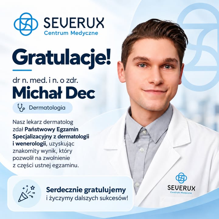Z ogromną radością informujemy, że nasz lekarz dermatolog, 𝗱𝗿 𝗻. 𝗺𝗲𝗱. 𝗶 𝗻. 𝗼 𝘇𝗱𝗿. 𝗠𝗶𝗰𝗵𝗮ł 𝗗𝗲𝗰, zdał 𝗣𝗮ń𝘀𝘁𝘄𝗼𝘄𝘆 𝗘𝗴𝘇𝗮𝗺𝗶𝗻 𝗦𝗽𝗲𝗰𝗷𝗮𝗹𝗶𝘇𝗮𝗰𝘆𝗷𝗻𝘆 𝘇 𝗱𝗲𝗿𝗺𝗮𝘁𝗼𝗹𝗼𝗴𝗶𝗶 𝗶 𝘄𝗲𝗻𝗲𝗿𝗼𝗹𝗼𝗴𝗶𝗶, uzyskując znakomity wynik, który pozwolił na zwolnienie z części ustnej egzaminu.  Serdecznie gratulujemy! 👏💙